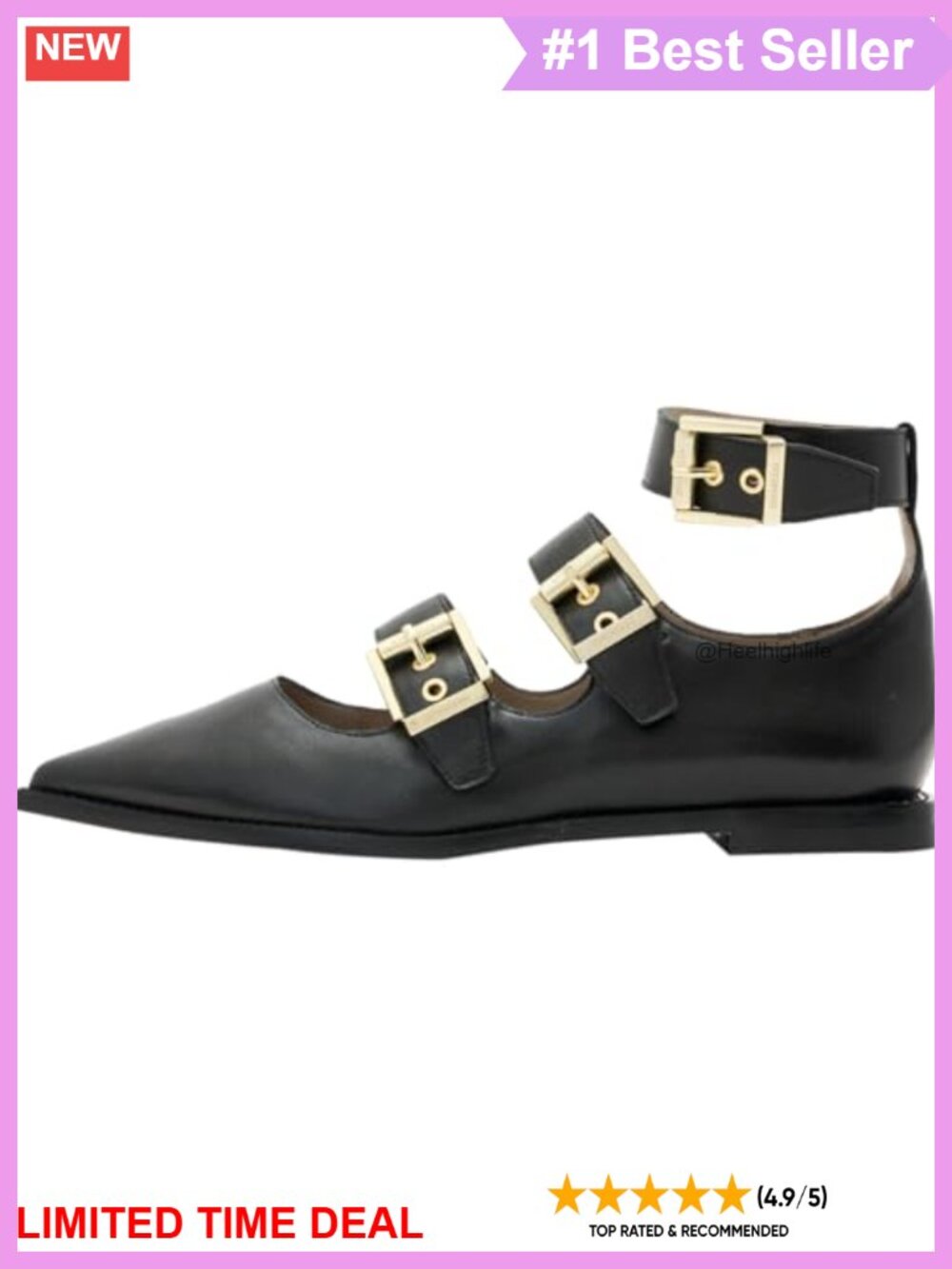 Pointed Toe Sheep Leather Flats with Roller Buckle Detail